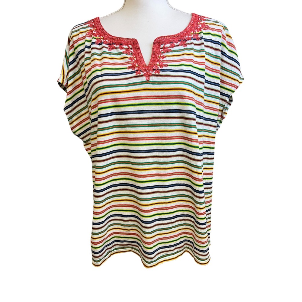 TALBOTS Striped Split Neck Top T Shirt Women 2X  Embroidered Boho Coastal Summer